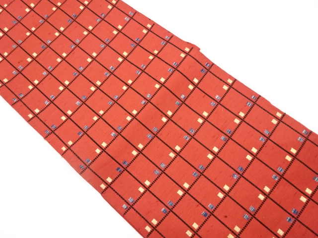 手織り紬　格子模様織り出し名古屋帯